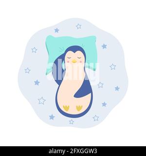 Un pingouin de dessin animé dort sur un oreiller. Drôle de joli personnage de pingouin endormi pour enfants concept. Illustration vectorielle Banque D'Images