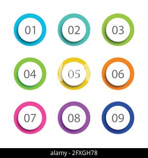 Nombre puces points cercle plat défini sur fond blanc. Couleur colorée avec numéro de 01 à 09 pour votre dessin. Illustration vectorielle Illustration de Vecteur