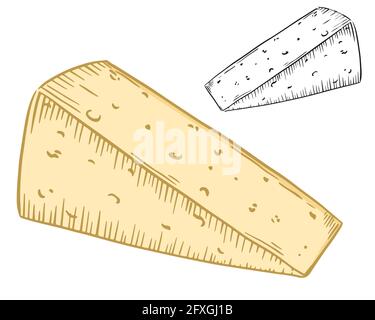 Morceau de fromage de forme triangulaire, vecteur. Partie d'une tête de fromage dur. Produit de transformation du lait. Production de produits laitiers. Dessin à la main. Illustration de Vecteur