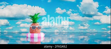 Ananas avec lunettes de soleil en bouée de sauvetage sur la mer bleue. Illustration 3d de rendu 3D du concept de vacances d'été Banque D'Images