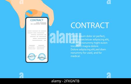 Concept de contrat électronique ou de signature numérique dans l'illustration vectorielle. Signature de document e-contrat en ligne via un ordinateur de bureau. Mise en page de site Web ou de page Web Illustration de Vecteur