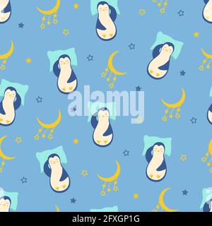 Le pingouin de dessin animé sans couture dort sur un oreiller lune et étoiles. Drôle de joli personnage de pingouin endormi pour enfants concept. Illustration vectorielle Banque D'Images
