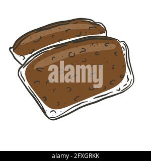Morceau de pain noir, vecteur. Une portion en tranches d'un produit de farine cuit au four. Produit de boulangerie traditionnel. Dessin à la main, esquisse. Illustration de Vecteur