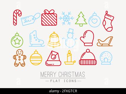Icônes plates de Noël dessinant avec des lignes fines de couleur Illustration de Vecteur