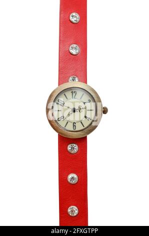 Montre-bracelet avec bracelet rouge isolé sur blanc Banque D'Images