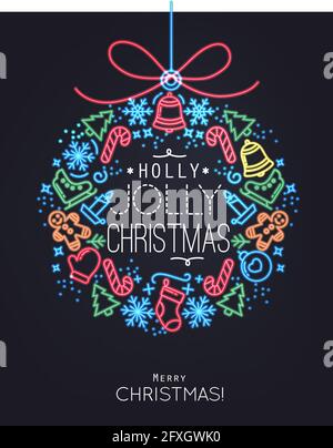 Jouet plat arbre de Noël dans le style néon lettering holly jolly Dessin de Noël avec de fines lignes de couleur sur fond noir Illustration de Vecteur