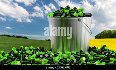 Batteries AA Graphène génériques dans un seau. Rendu 3D Banque D'Images