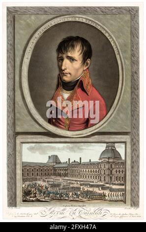 Napoléon Bonaparte (1769-1821), empereur de France, inspectant les troupes (panneau inférieur), avec un portrait de médaillon (ci-dessus), imprimé aquatinte de Louis Boilly, 1800-1810 Banque D'Images