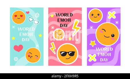 Carte de vœux World emoji Day, ensemble d'affiches avec autocollants sourires amusants. Illustration vectorielle Illustration de Vecteur