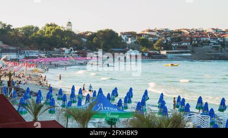 Sozopol, Bulgarie, 31 août 2015 ; vue sur la plage centrale de Sozopol, Bulgarie. Banque D'Images