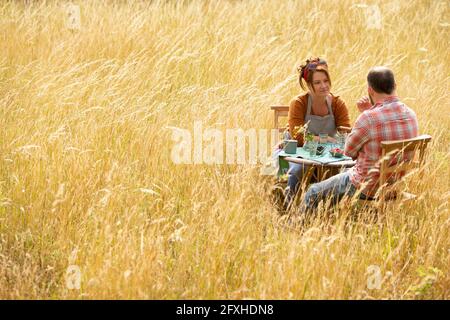 Couple appréciant des fruits à table dans le champ ensoleillé d'été de haute herbe Banque D'Images