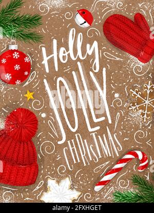 Affiche de Noël lettrage holly jolly dessin de noël dans le style vintage sur l'artisanat Illustration de Vecteur