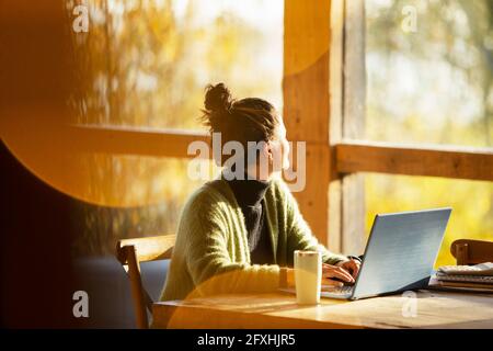 Femme travaillant à un ordinateur portable avec vue sur la fenêtre dans un café ensoleillé Banque D'Images