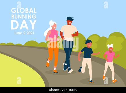 Journée mondiale de course à pied. Bonne famille courir dans le parc. Le père, la mère, le fils et la fille mènent un mode de vie actif et sain. Illustration vectorielle dans Illustration de Vecteur