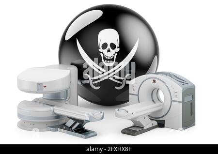 Machine IRM et scanner CT avec indicateur de piratage, rendu 3D isolé sur fond blanc Banque D'Images