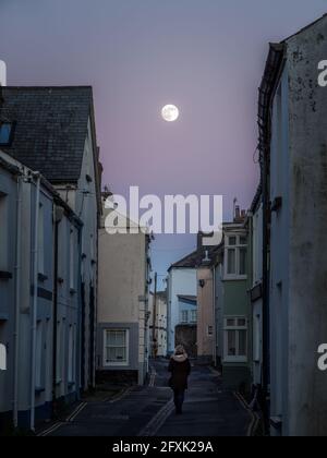 APPLEDORE, NORTH DEVON, ANGLETERRE - MAI 25 2021 : une rue étroite dans le village pittoresque d'Appledore, dans le North Devon. Soirée au clair de lune, calme. Banque D'Images