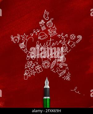 Star jouet arbre de noël vacances lettrage dessin avec ligne de plume sur fond rouge Illustration de Vecteur