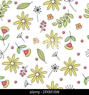 Élégantes fleurs bleues avec branches sans couture. Plantes en fleurs romantiques avec feuilles, tige sans couture. Belle fleur d'été ou de printemps Illustration de Vecteur