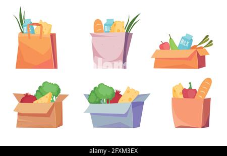 Sacs à provisions, sacs écologiques de supermarché et boîte avec épicerie. Ensemble de dessins animés vectoriels en papier et sacs de coton avec fruits, légumes, lait et pain Illustration de Vecteur