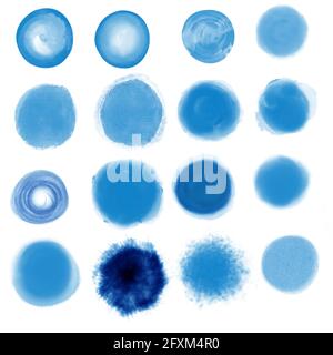 Collection de spots bleus créatifs avec texture aquarelle. Jeu d'illustrations de stock. Peut être utilisé pour les formes aquarelle. Arrière-plan marin abstrait Banque D'Images
