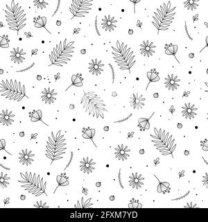 Motif fleuri coloré sans coutures. Fond botanique naturel sans fin avec fleurs de prairie et fleurs cosmos. Fleurs sauvages et feuilles de printemps Illustration de Vecteur