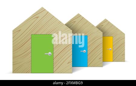 Maisons en bois vectorielles avec portes de différentes couleurs, debout dans une rangée. Concept de choix de maison, illustration vectorielle. Illustration de Vecteur