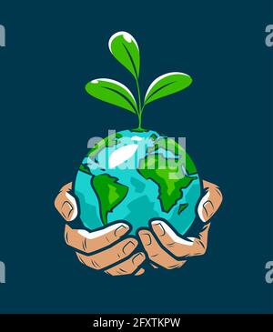Mains humaines tenant la terre avec le germe de plante. Illustration du vecteur de concept environnement, écologie Illustration de Vecteur