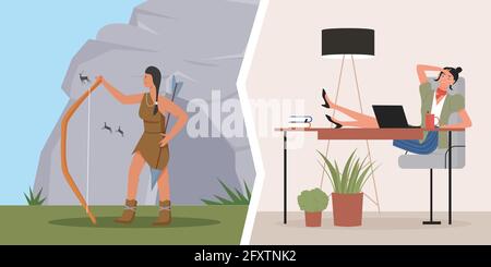 Cavewoman sauvage primitif et femme d'affaires, illustration du vecteur de comparaison évolutionnaire. Caricature jeune femme d'affaires personnage prenant une pause café de travail de bureau, préhistorique fille debout avec l'arc Illustration de Vecteur