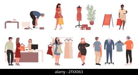 Shopping les gens achètent des vêtements de mode dans la boutique ou le magasin sur la vente vecteur illustration ensemble. Homme de dessin animé femme personnages tenant des sacs cabas, l'achat élégant costume tendance isolé sur blanc Illustration de Vecteur