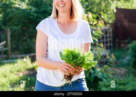 Aliments frais et biologiques. Portrait rapproché d'une femme caucasienne souriante tenant un bouquet de laitue fraîchement cueillie. Le concept de récolte et de jardin Banque D'Images