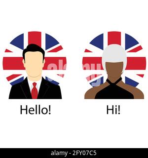 Discours de langue anglaise Concept. Bonjour. Pavillon britannique femme Bonjour ! Vector illustration Illustration de Vecteur