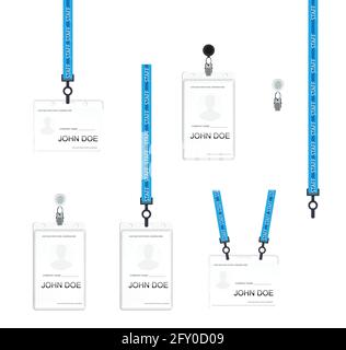 Illustration vectorielle de la carte d'identification des employés sur les cordons, le cordon et la sangle avec clips métalliques. Échantillons réalistes de badges en plastique pour présentation Illustration de Vecteur