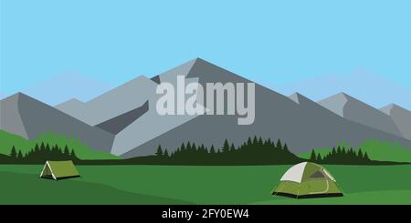 Illustration de paysage de jour ensoleillé avec tente, montagnes et forêt. Contexte pour le camp d'été, le tourisme de nature, le camping ou le concept de randonnée. Illustration de Vecteur