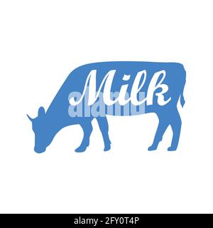 Le lait, la vache. Silhouette de vache avec logo, texte, ferme laitière, lait bio, produit naturel. Logo vache à lait pour les produits laitiers et de la viande - boutique, marché. Typogr Illustration de Vecteur