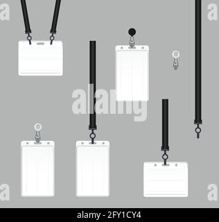 Illustration vectorielle de la carte d'identification des employés sur les cordons, le cordon et la sangle avec clips métalliques. Échantillons réalistes de badges en plastique pour présentation Illustration de Vecteur
