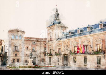 Plaza de la Villa place historique dans la vieille ville, centre de Madrid, Espagne. Palais Casa de Cisneros du XVIe siècle et Casa de la Villa, l'ancien hôtel de ville. Banque D'Images