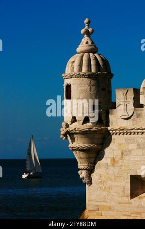 Portugal. Lisbonne. Tour de Belém (Tour de Belém). Construit entre 1515 et 1519 par Francisco de Arruda (d.1547). Style Manueline. Déclaré site du patrimoine mondial de l'UNESCO. Détails architecturaux. Banque D'Images