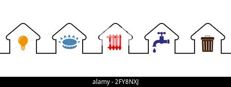 Icônes d'utilité: Eau, gaz, éclairage, chauffage, déchets. style plat. Icônes de communications dans la maison. Illustration vectorielle de style plat Illustration de Vecteur
