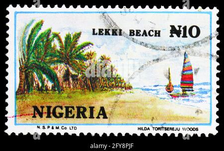 MOSCOU, RUSSIE - 23 SEPTEMBRE 2019 : le timbre-poste imprimé au Nigeria montre la plage de Lekki, vers 1992 Banque D'Images