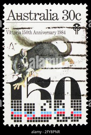 MOSCOU, RUSSIE - 23 SEPTEMBRE 2019 : le timbre-poste imprimé en Australie montre le Possum du Leadbeater (Gymnobelideus leadbeateri), anniversaire de Victoria Banque D'Images