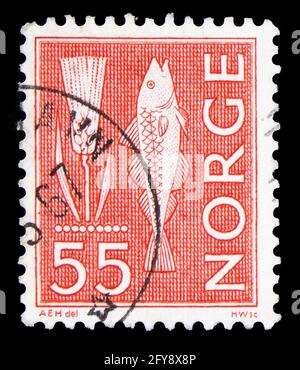 MOSCOU, RUSSIE - 23 SEPTEMBRE 2019: Timbre-poste imprimé en Norvège montre Landsmotieven, série de motifs locaux, vers 1963 Banque D'Images