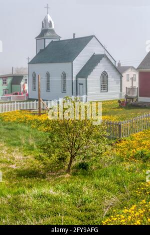 Église de la très Sainte Trinité à Trinity, à Terre-Neuve, un jour de brouillard. C'est la plus ancienne église en bois de Terre-Neuve et a été construite en 1833 Banque D'Images