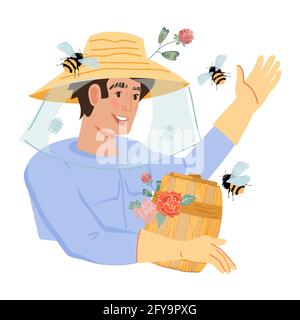 Personnage de beekeeper mâle dans un costume de protection d'abeille avec baril de miel, illustration vectorielle plate isolée sur fond blanc. Apiculture et miel pr Illustration de Vecteur