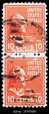 MOSCOU, RUSSIE - 23 SEPTEMBRE 2019 : deux timbres-poste imprimés aux États-Unis montrent John Tyler (1790-1862), dixième président des États-Unis, P Banque D'Images