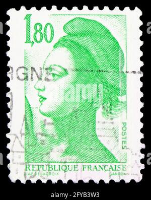 MOSCOU, RUSSIE - 23 SEPTEMBRE 2019 : timbre-poste imprimé en France montre Liberty, série, vers 1985 Banque D'Images