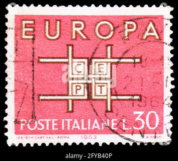 MOSCOU, RUSSIE - 23 SEPTEMBRE 2019 : le timbre-poste imprimé en Italie montre Europa, Europa (C.E.P.T.) 1963 - série carrée, vers 1963 Banque D'Images