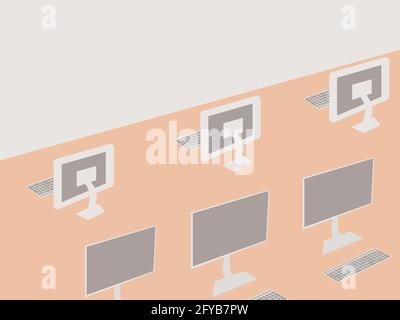 Vider la salle informatique de la bibliothèque, de l'université ou du café. Lieu de travail professionnel. Espace de travail et d'étude. Centre de coopération. Copier l'espace. Vecteur horizontal Ill Illustration de Vecteur