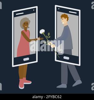 Communication des jeunes en ligne. Concept de rencontres en ligne. Réunion vidéo. Femme et homme parlant en appel vidéo. Deux personnes dans deux téléphone Boy tenant rose Illustration de Vecteur