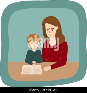 Enfant lisant le livre avec maman. Petit enfant apprenant à lire. Illustration vectorielle isolée dans le cadre Illustration de Vecteur