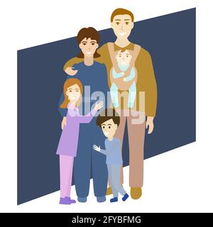 Mère et père avec leurs trois enfants. Brevets et frères et sœurs. Joyeux portrait de famille. Illustration vectorielle isolée sur fond blanc. Illustration de Vecteur